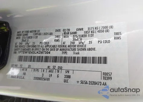 2020 Ford F-150 Lariat from USA, damaged, VIN 1FTEW1E43LKD87304